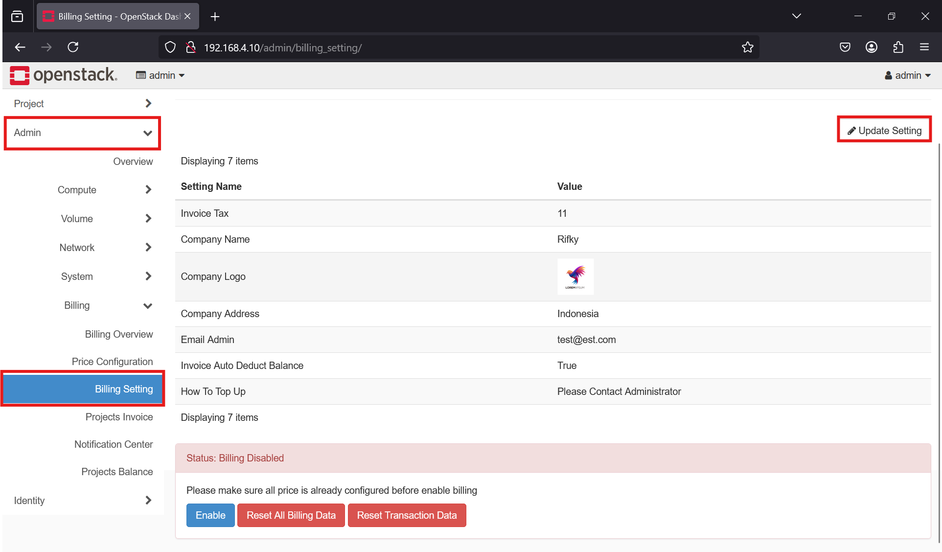 Billing Setting