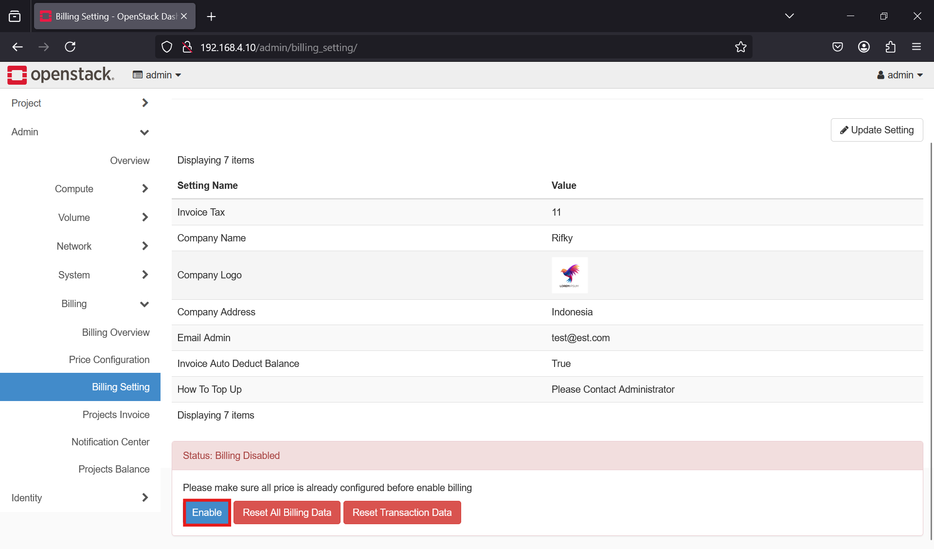Billing Setting